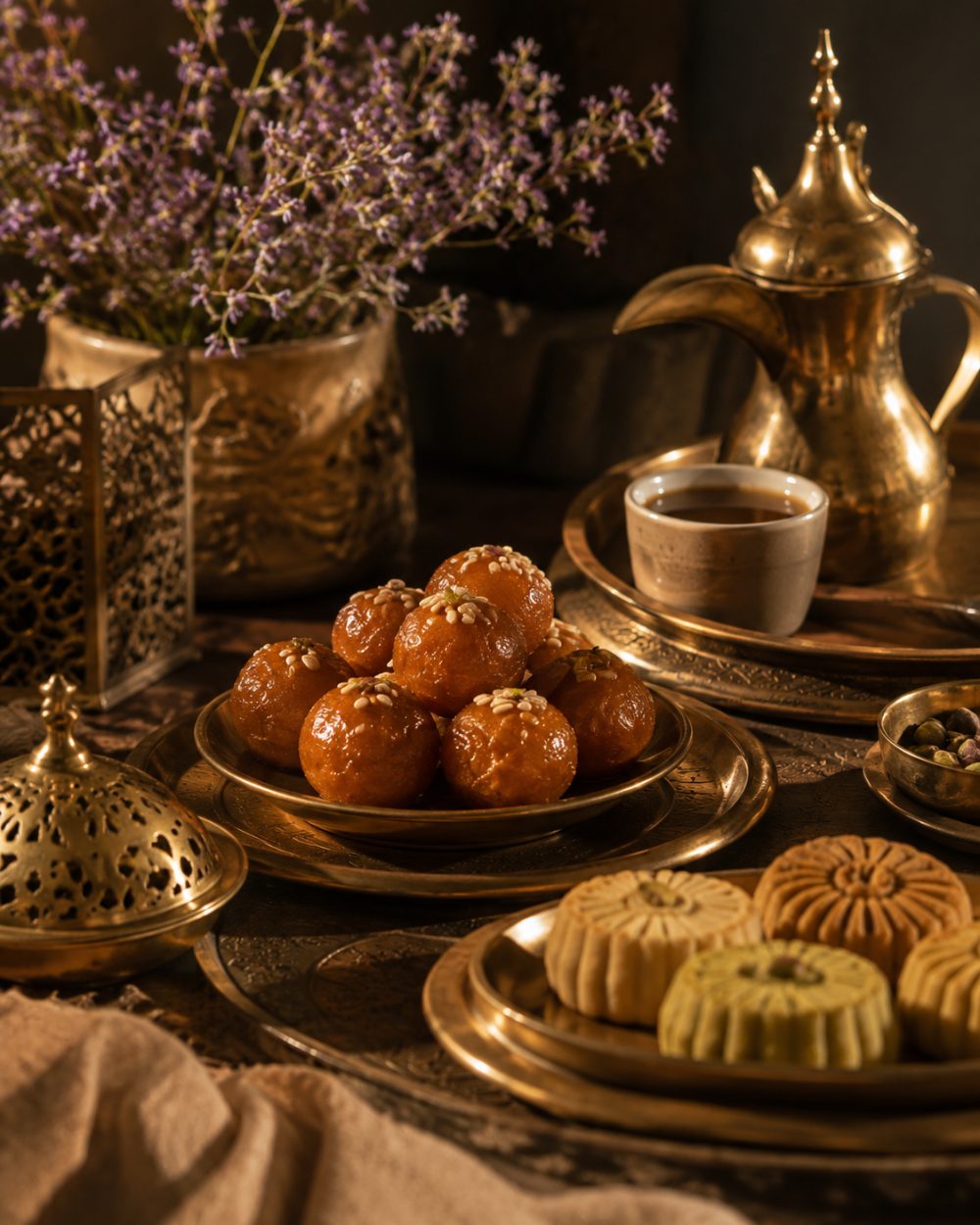 صينية نحاسية عليها لقيمات ومعمول وفنجان قهوة مع فانوس نحاسي